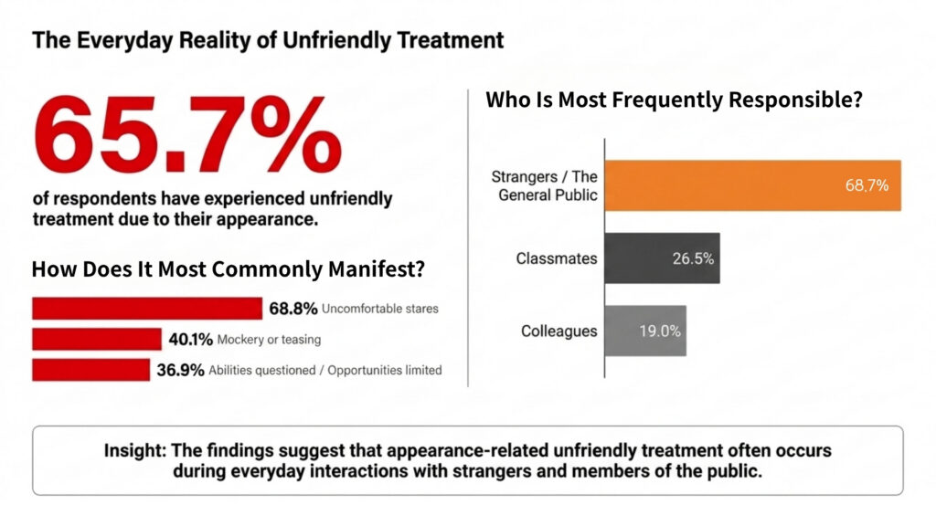 Survey infographic showing that 65.7% of respondents experienced appearance-related discrimination, most commonly staring, teasing and assumptions about ability.